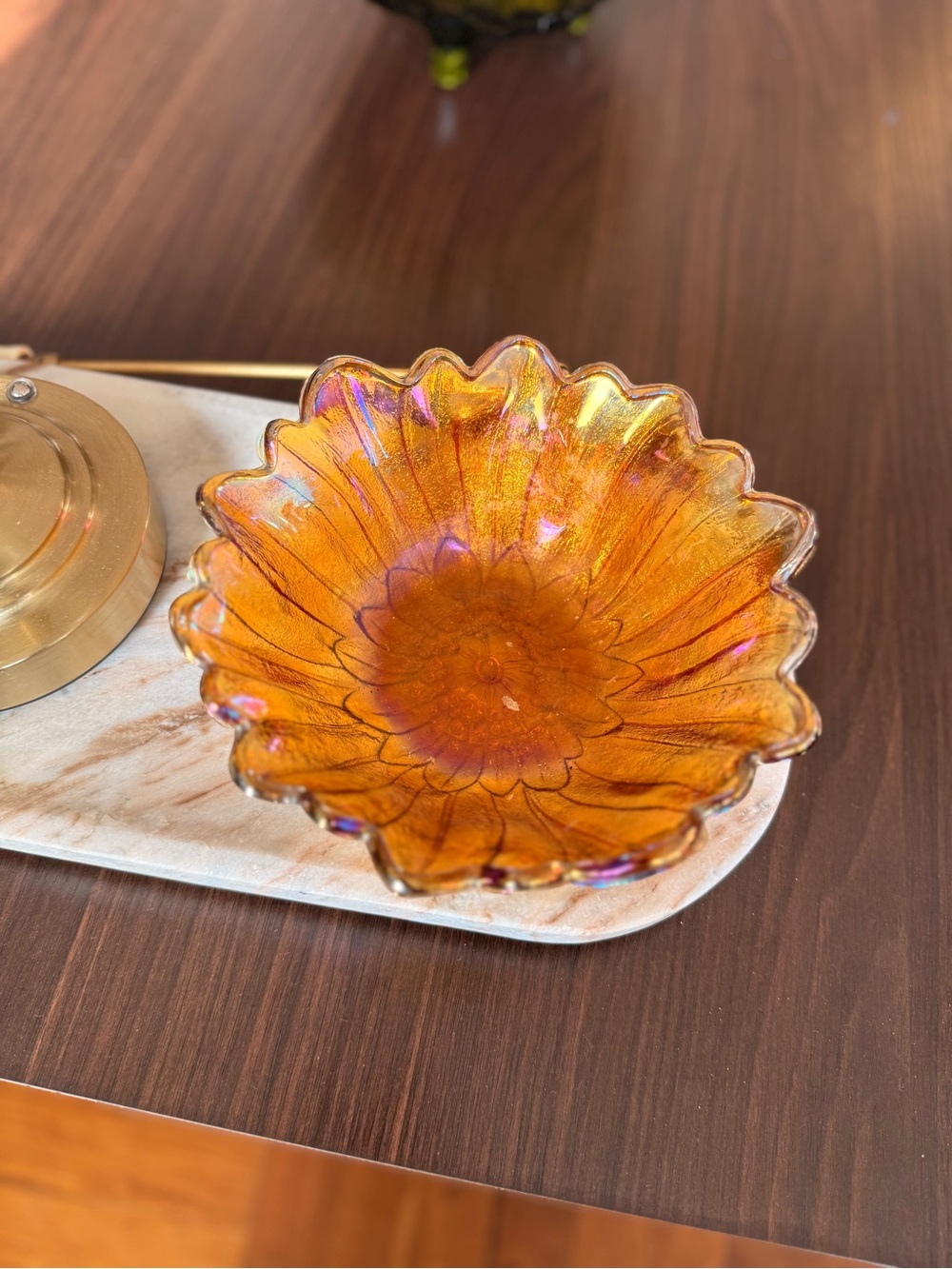 Iridescent Amber Carnival Glass Flower Bowl
